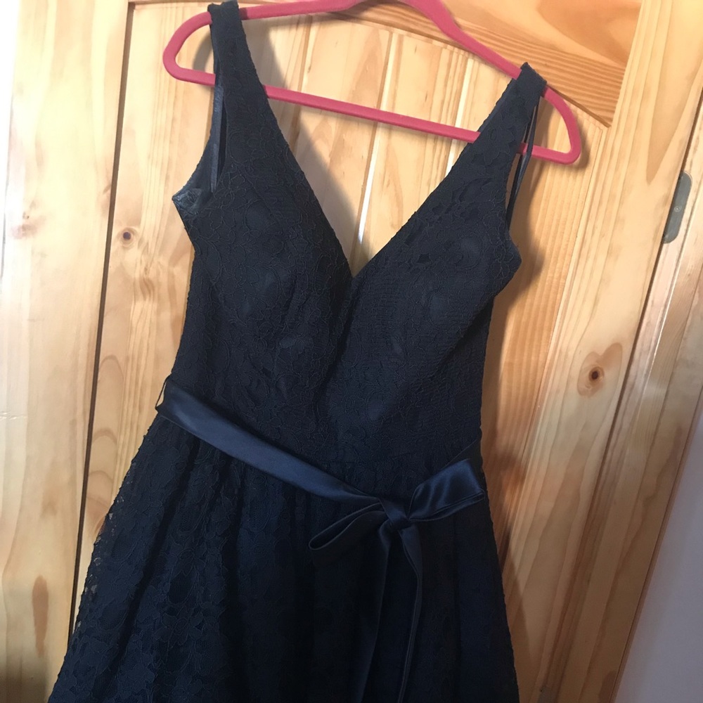 Mori Lee Black Lace Dress with Tulle Underlay